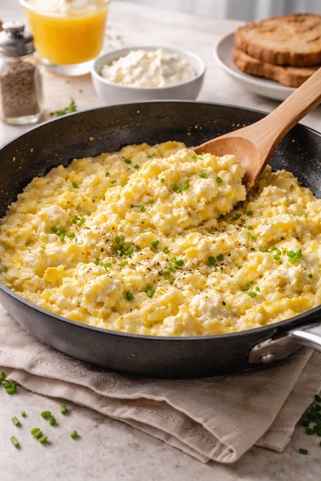 Close-up of cottage cheese scrambled eggs in a skillet