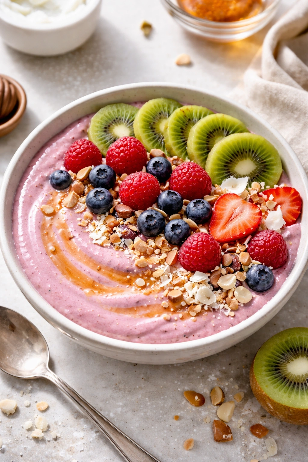 Thick cottage cheese smoothie bowl with fruit toppings