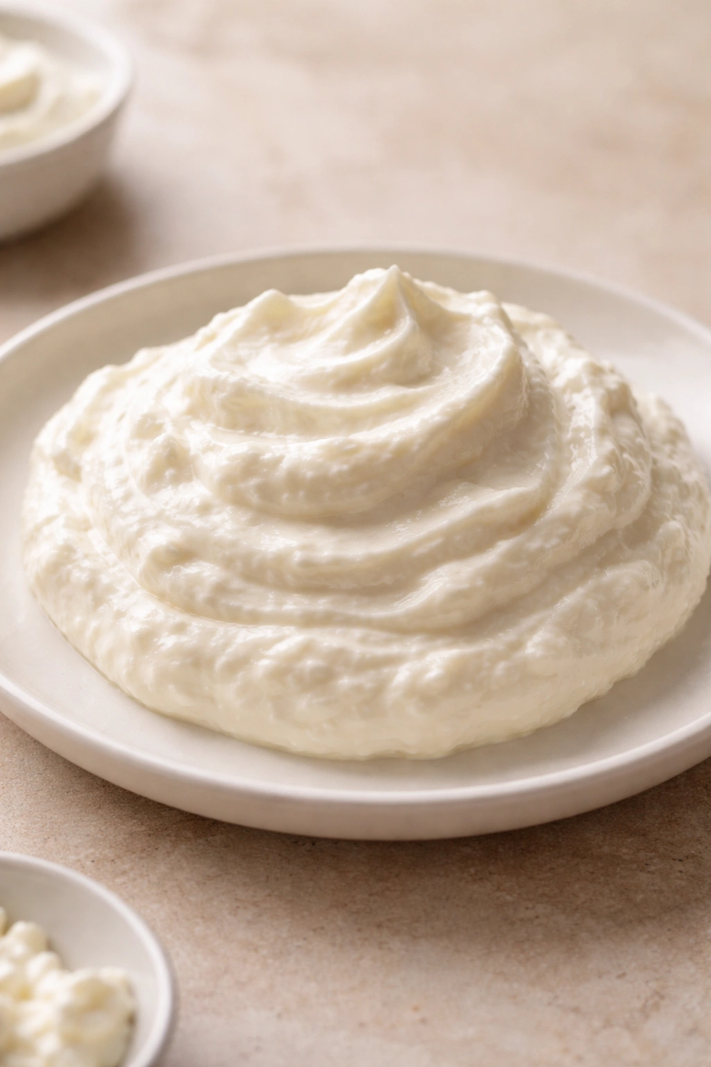 Smooth blended cottage cheese on a plain plate
