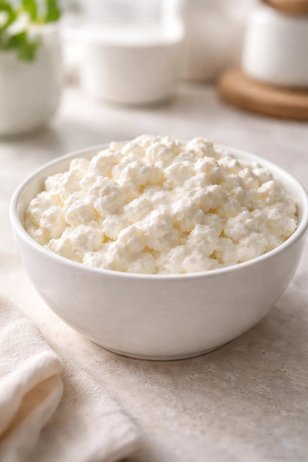 Close-up of cottage cheese curds in a white bowl, highlighting texture and moisture