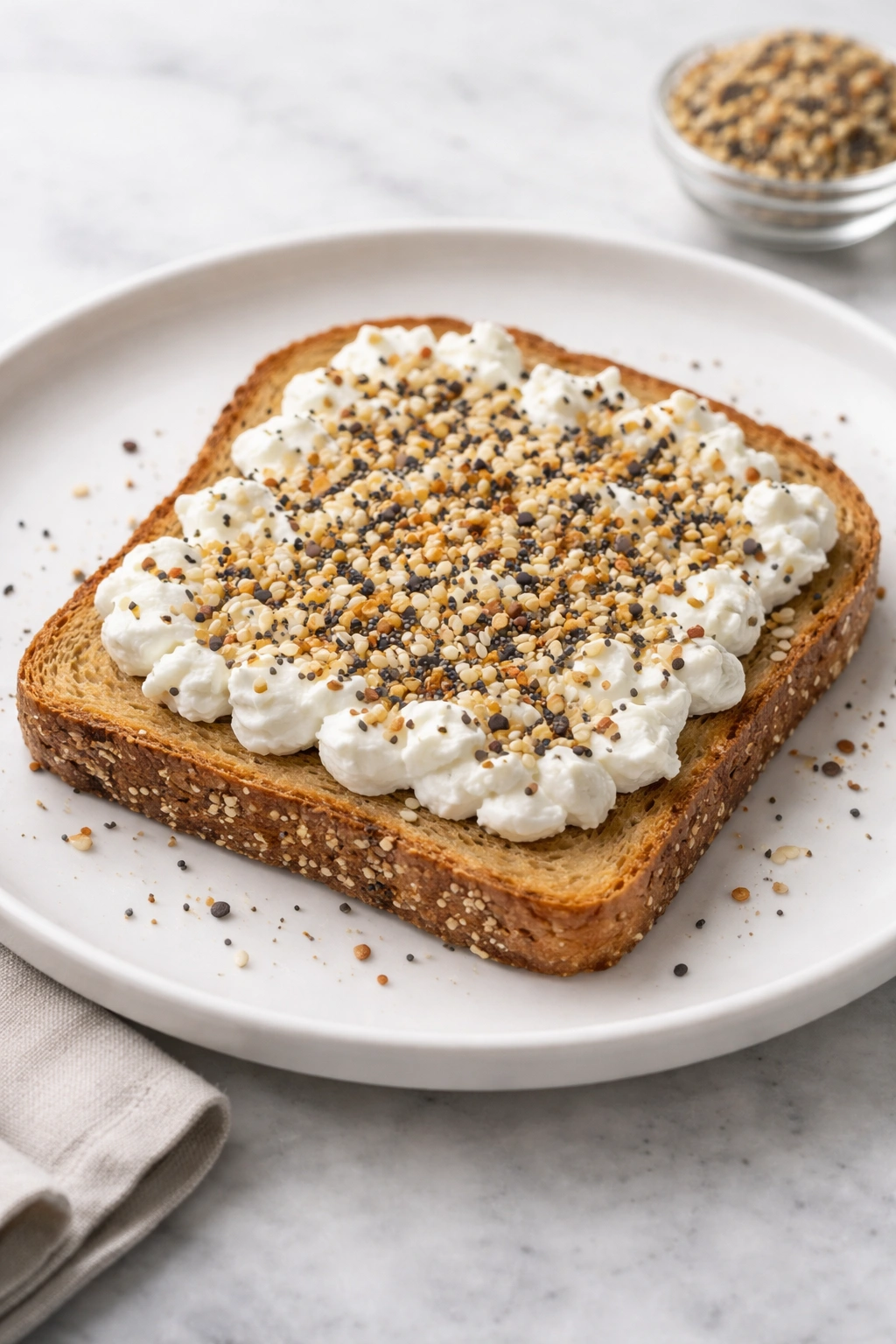 Toast topped with cottage cheese and everything bagel seasoning on a plate