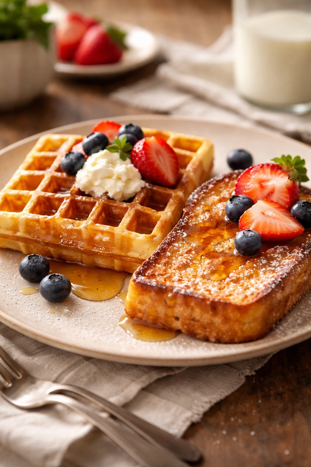 Plate with cottage cheese waffle and French toast