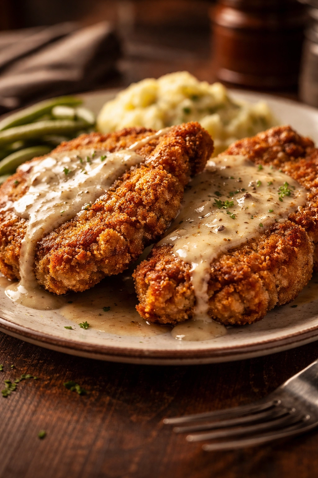Close-up of two crispy country fried pork chops with gravy on a rustic plate