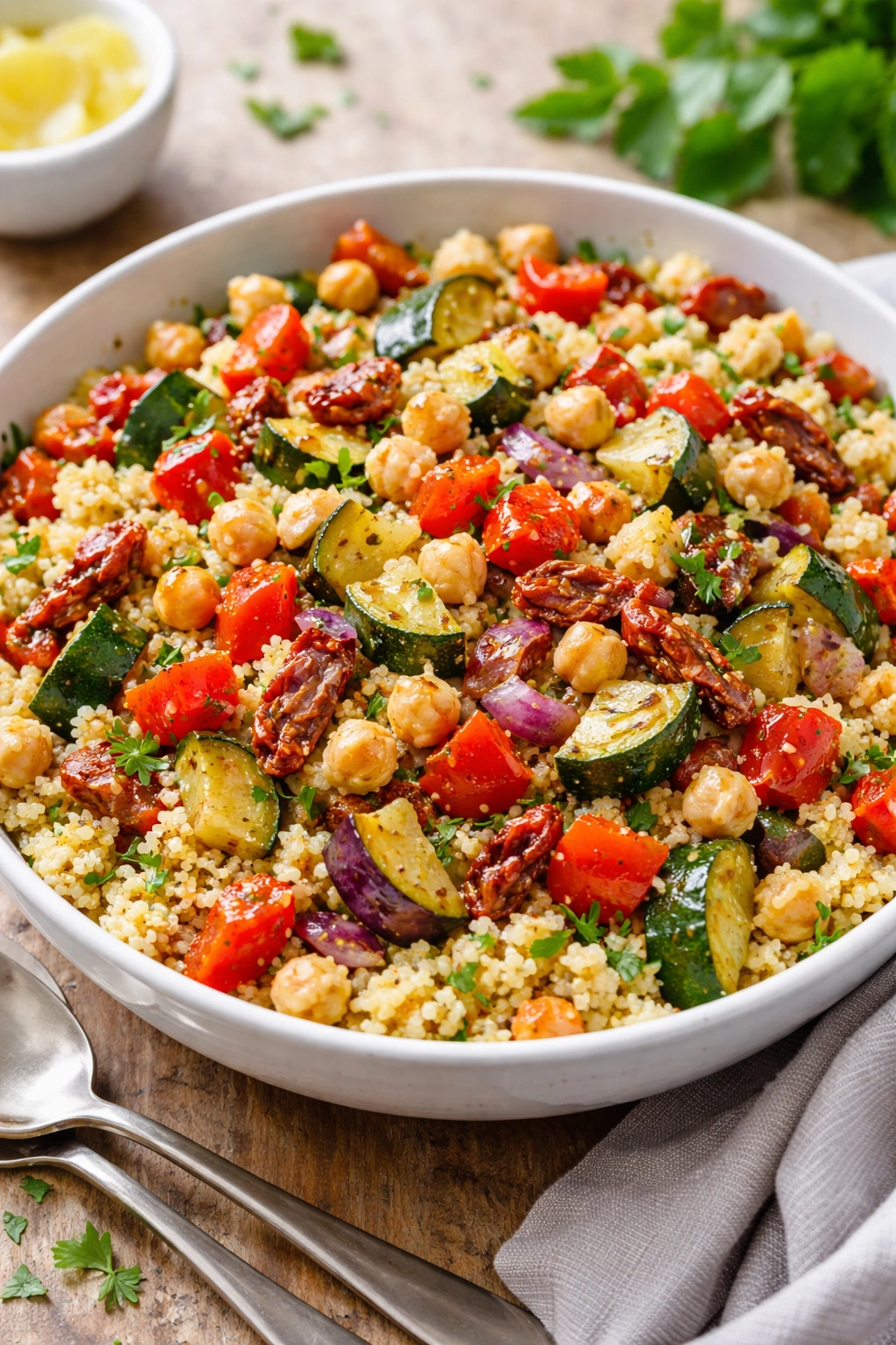Couscous power salad with roasted vegetables and chickpeas in a bowl