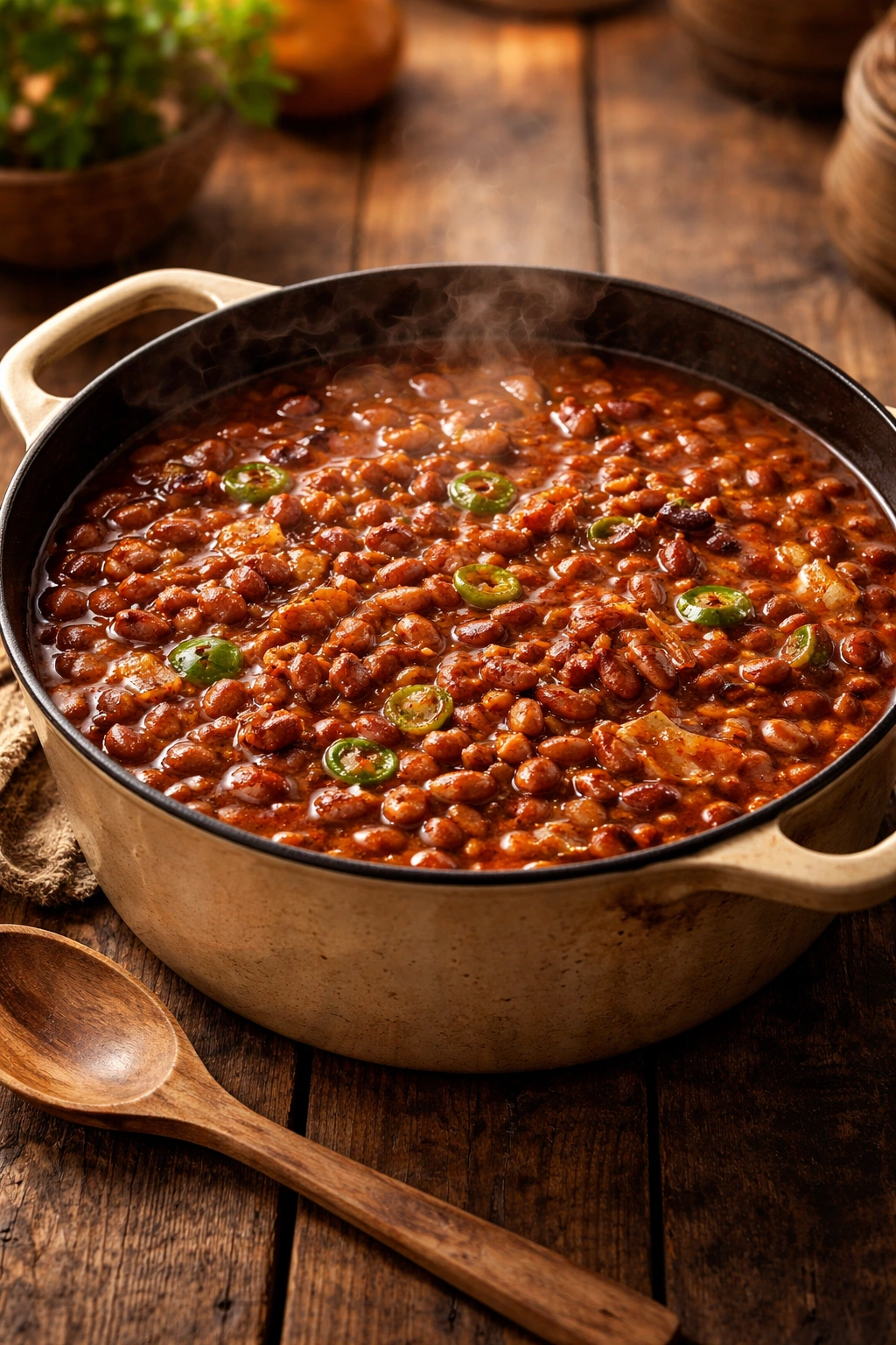 Steaming pot of cowboy pinto beans on a wooden table