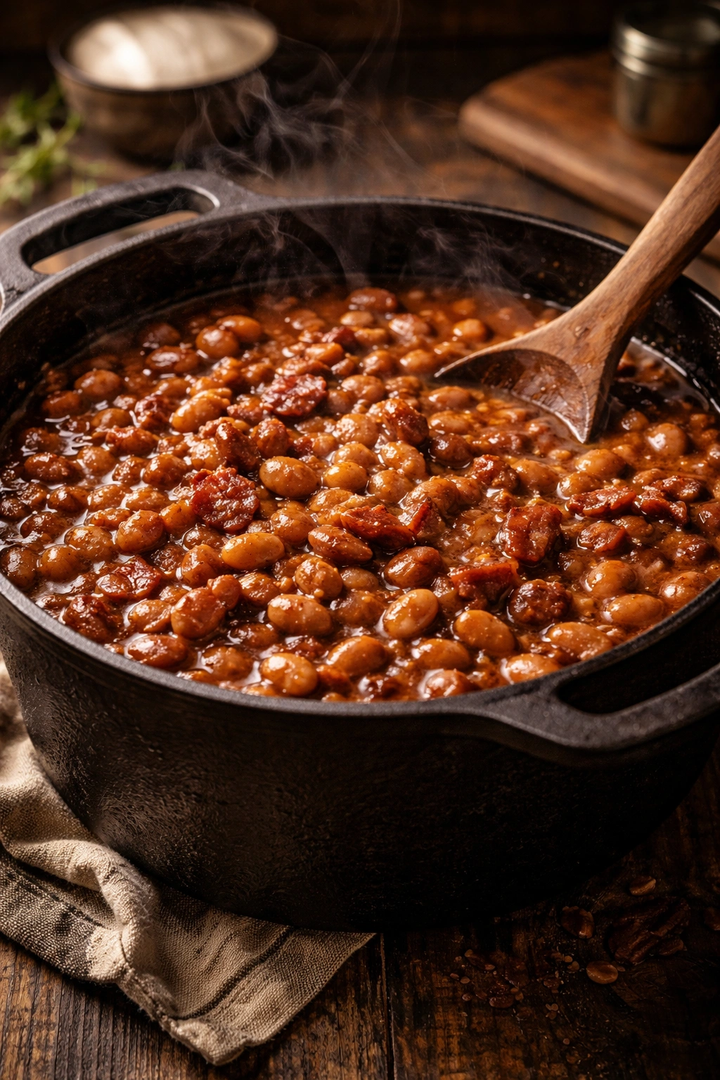 Close-up of smoky cowboy pinto beans in a cast-iron pot with bacon on a wooden table.