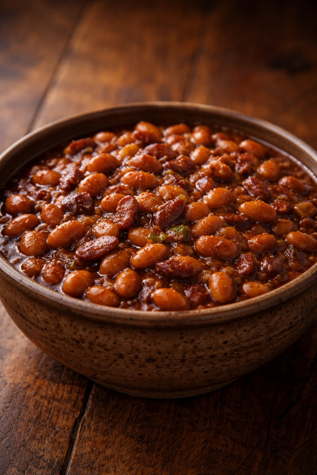Glossy cowboy pinto beans in rustic bowl.