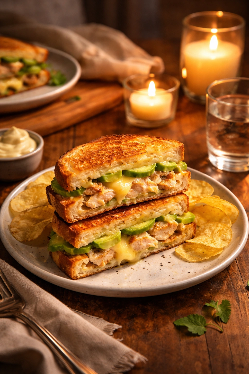 Finished chicken avocado melt on a plate at a cozy candlelit dinner table