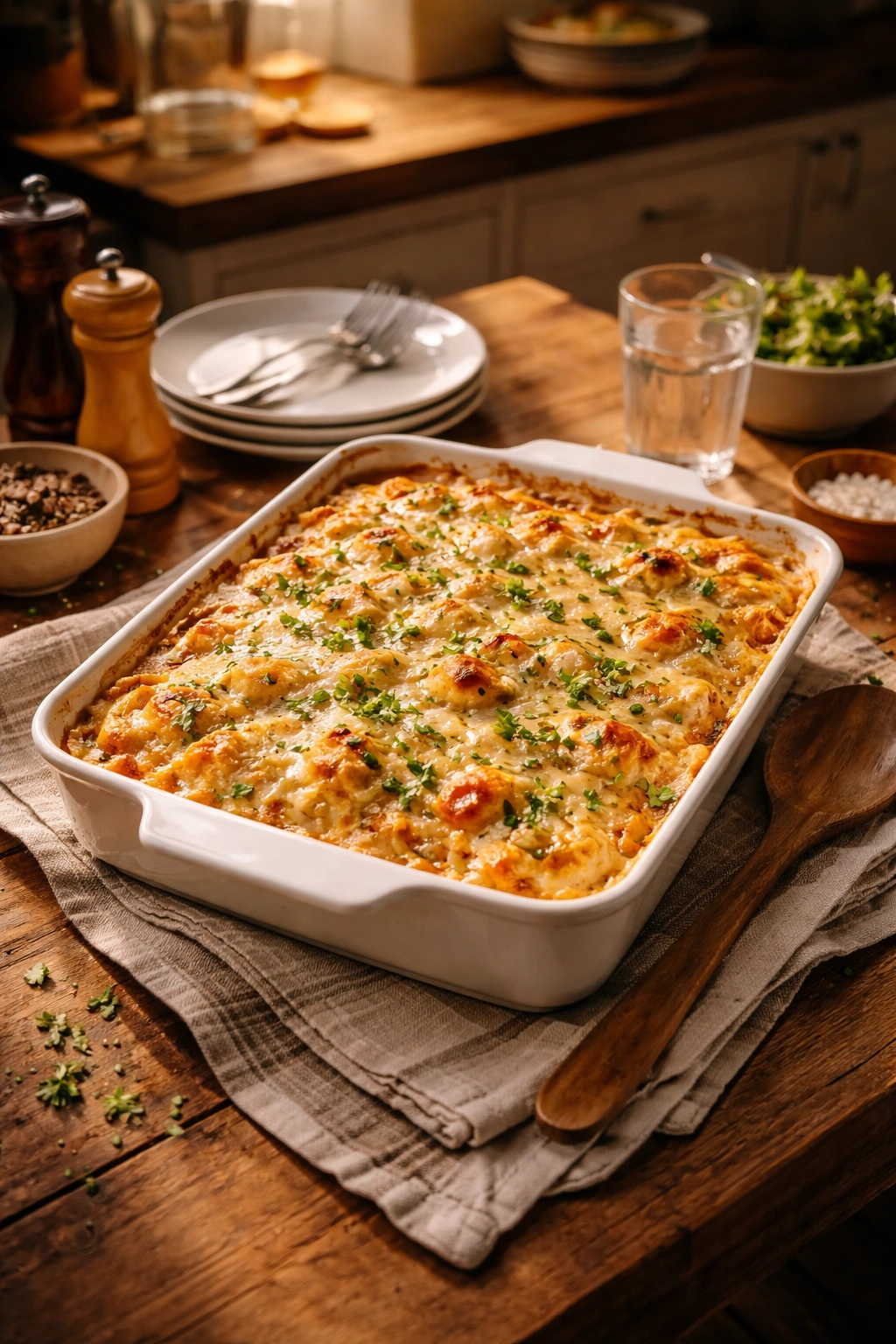 Cozy kitchen scene featuring a warm casserole for final thoughts