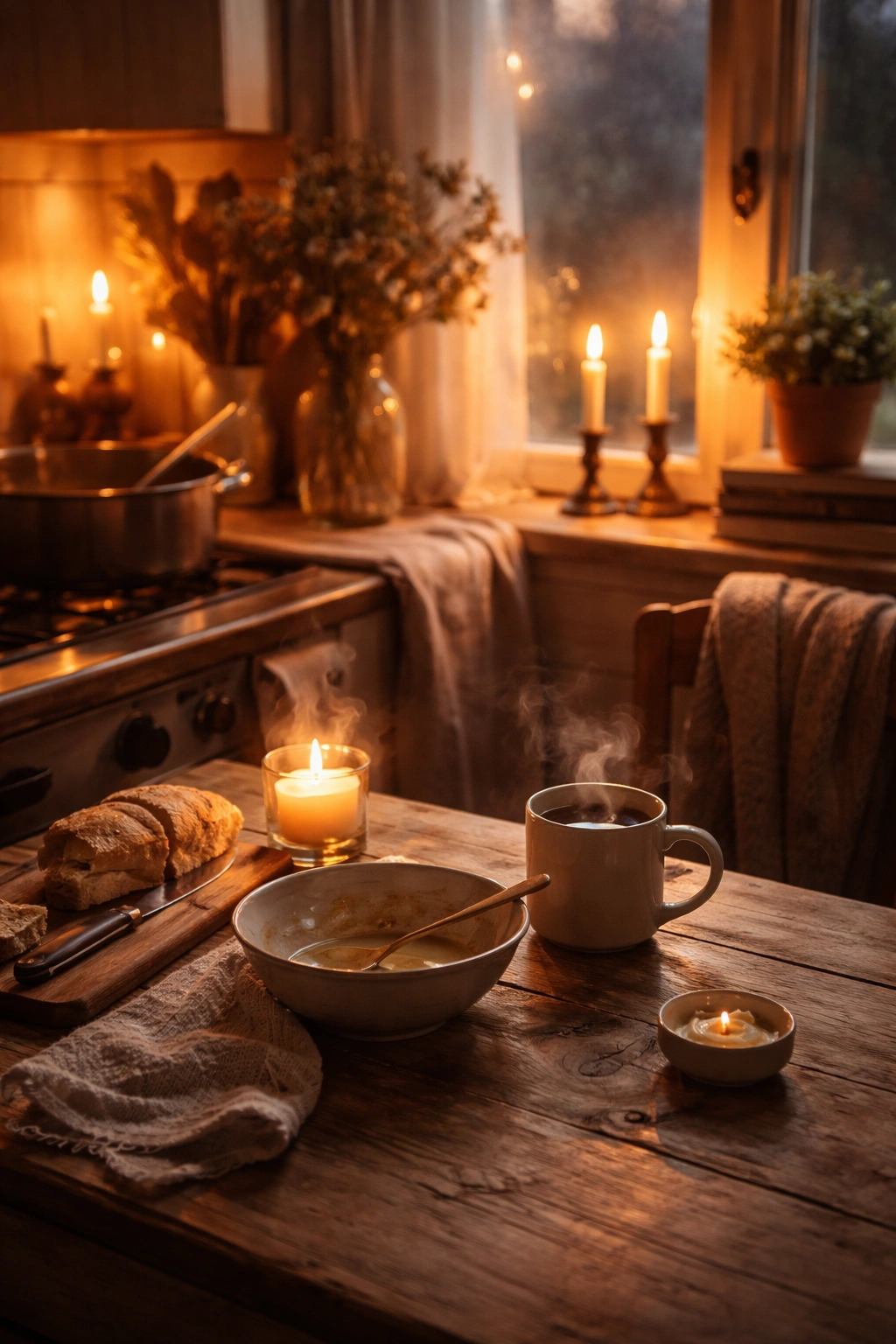Cozy kitchen corner with warm light suggesting reflection after dinner
