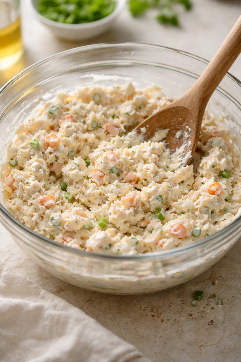 Cream cheese and crab filling being mixed in a bowl