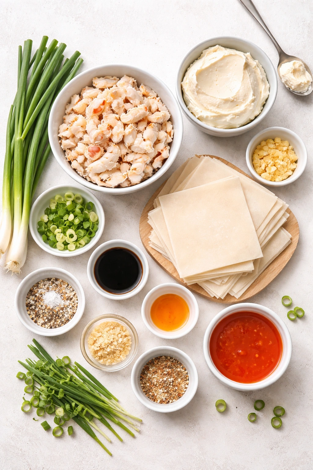 Arrangement of crab rangoon ingredients including crab meat, cream cheese, green onions, and wrappers