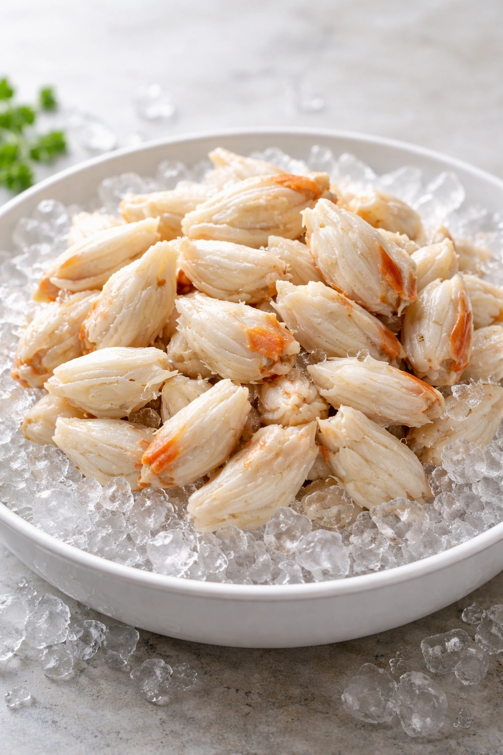 Fresh lump crab meat on ice in a white dish