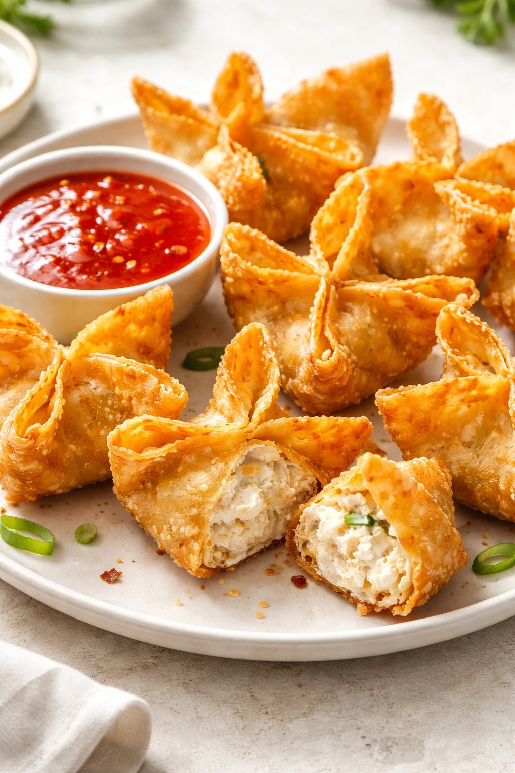 Crispy crab rangoon with sweet and sour sauce on a plate