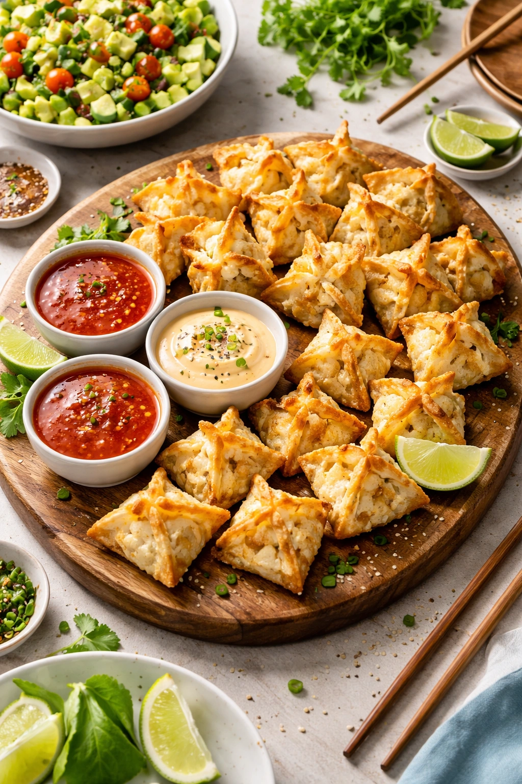 Platter of crab rangoon with dipping sauces and cucumber avocado salad for serving ideas and pairings.
