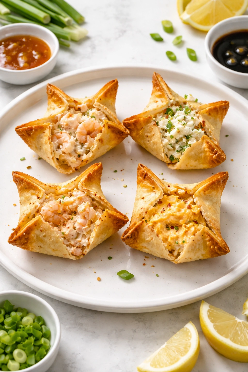 Three crab rangoon variations on a plate showing different fillings