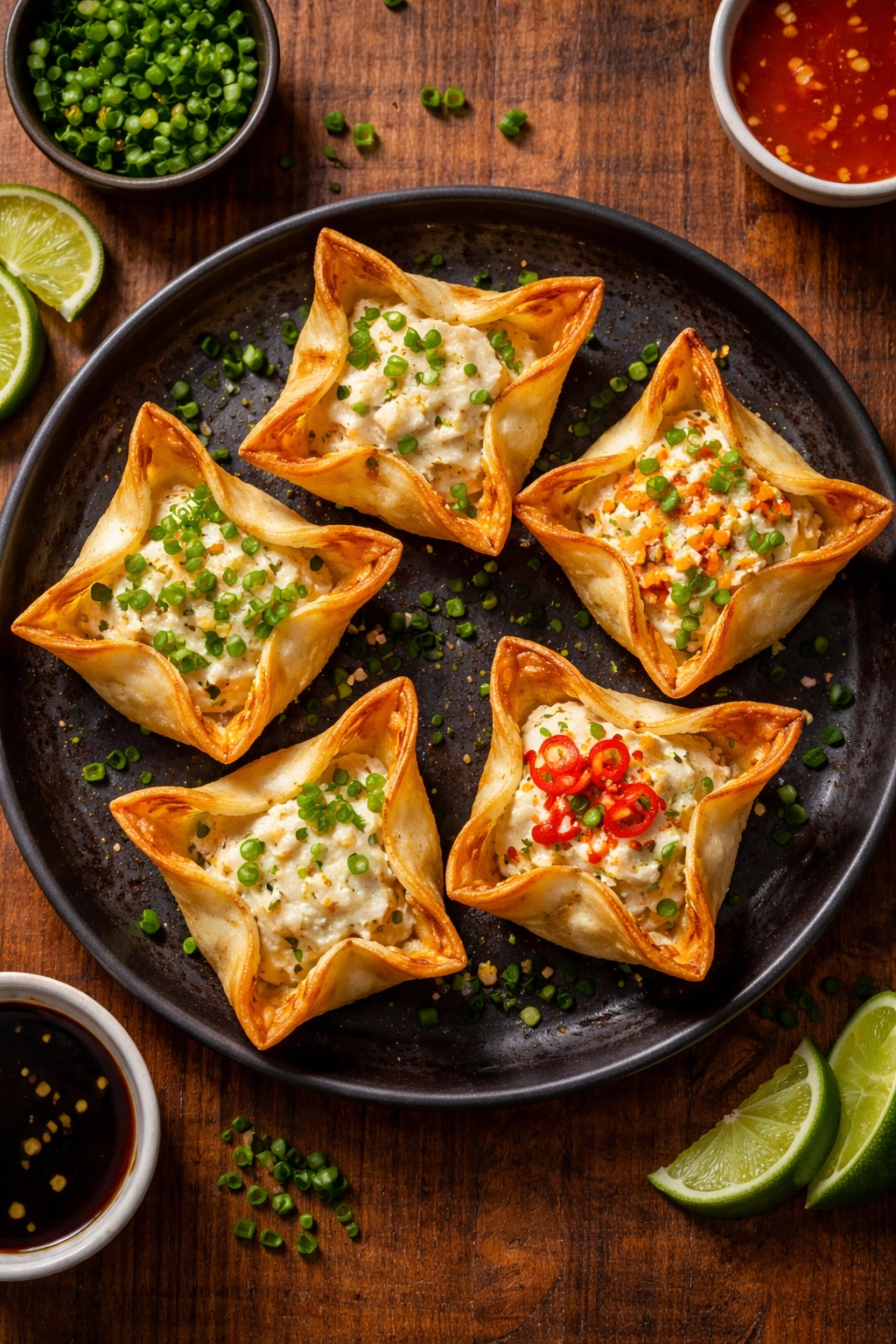 Five crab rangoon with different fillings shown on a plate to illustrate flavor variations.