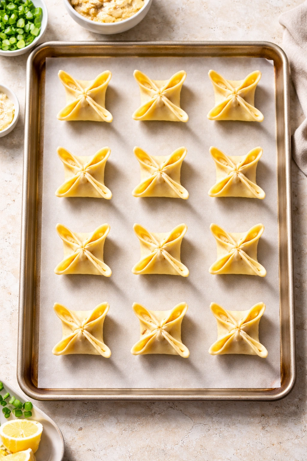 Crab rangoons evenly spaced on parchment-lined sheet for even cooking