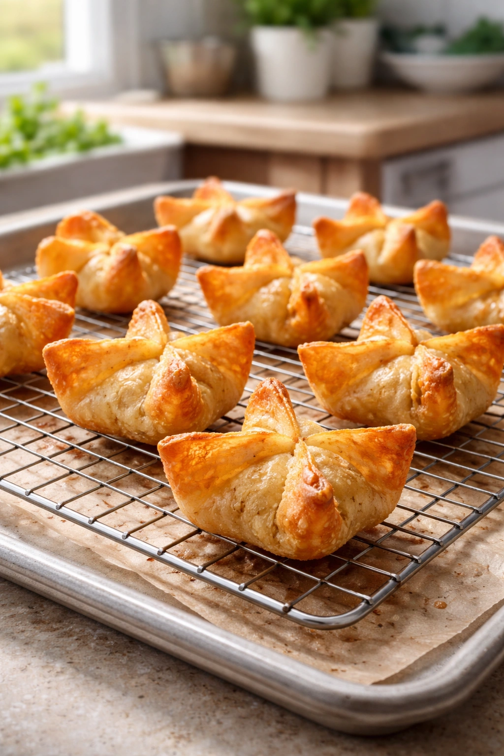 Crab rangoons on a wire rack with crisp golden wrappers