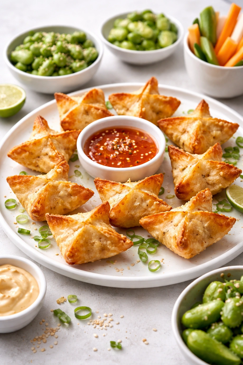 Plate of baked crab rangoons with dipping sauce