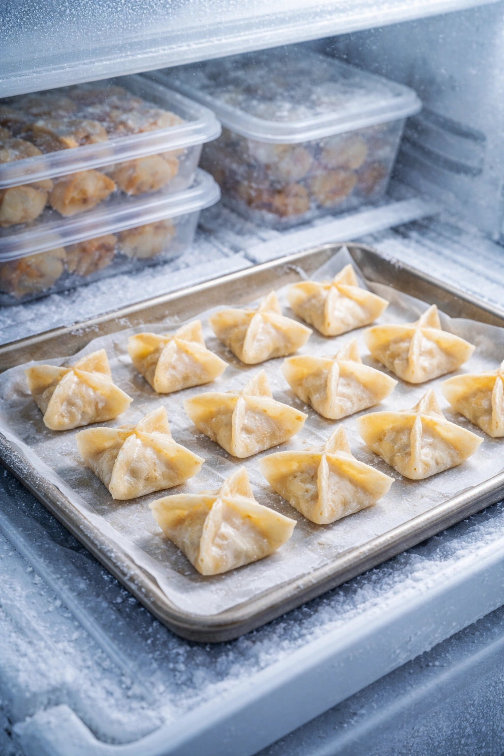 Crab rangoons on parchment-lined tray in freezer