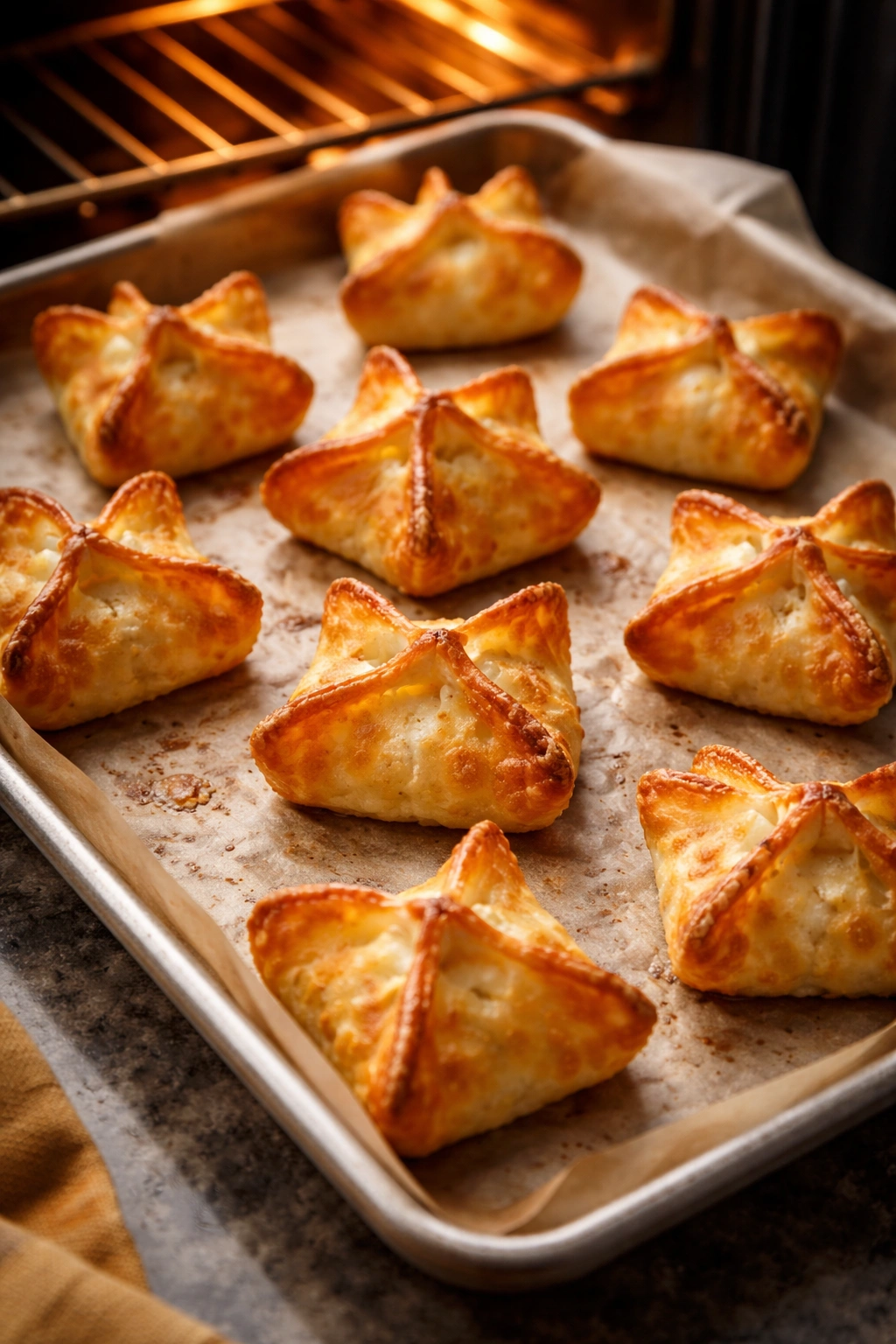 Golden brown crab rangoons on parchment with warm oven glow