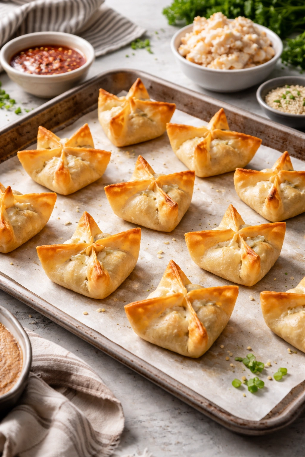 Properly sealed crab rangoons on parchment-lined sheet