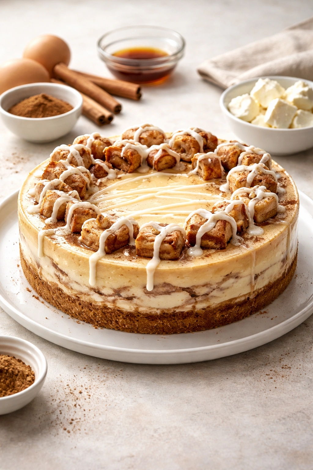 Smooth, crack-free cheesecake surface on a plate.