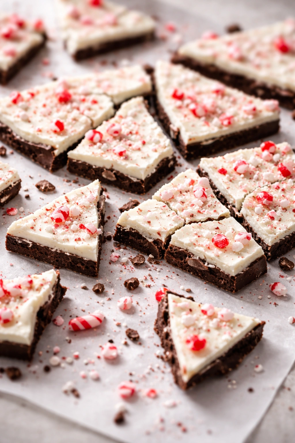 Cracked peppermint bark pieces on a clean surface