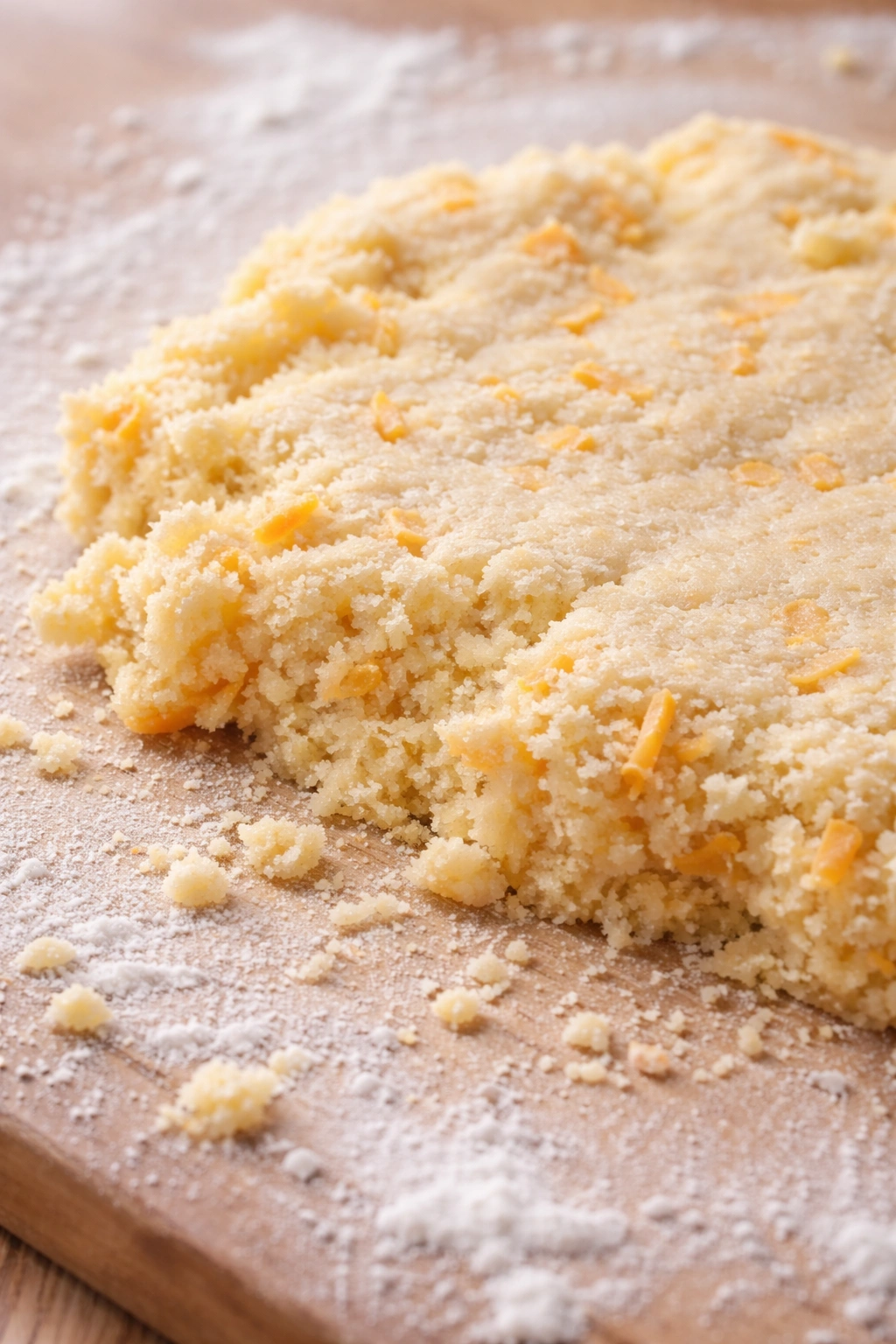 Close-up of delicate shortbread cracker dough texture with cheese folded in.
