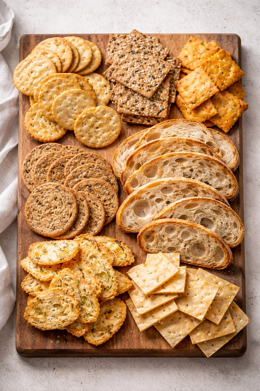 Crackers and bread varieties on a board