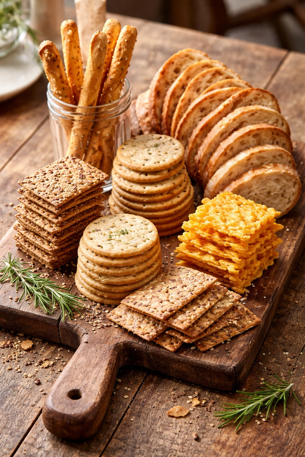 Crackers and breads arranged on a rustic board with stacks and breadsticks in a glass