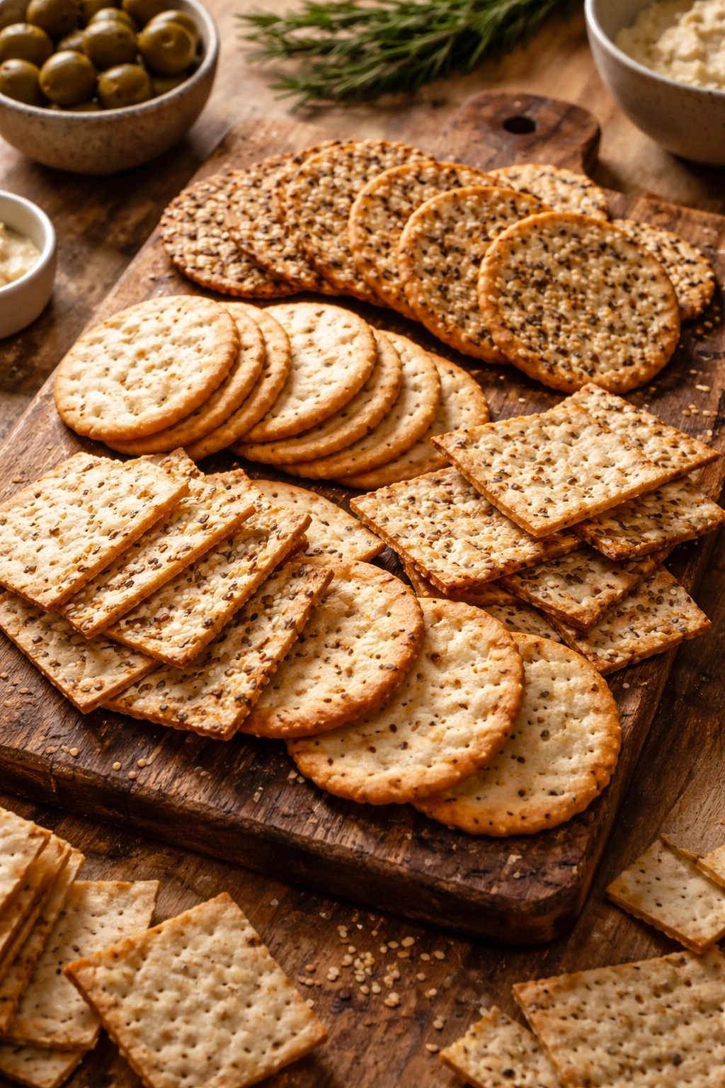 Close-up of sturdy crackers arranged on a wooden board highlighting texture