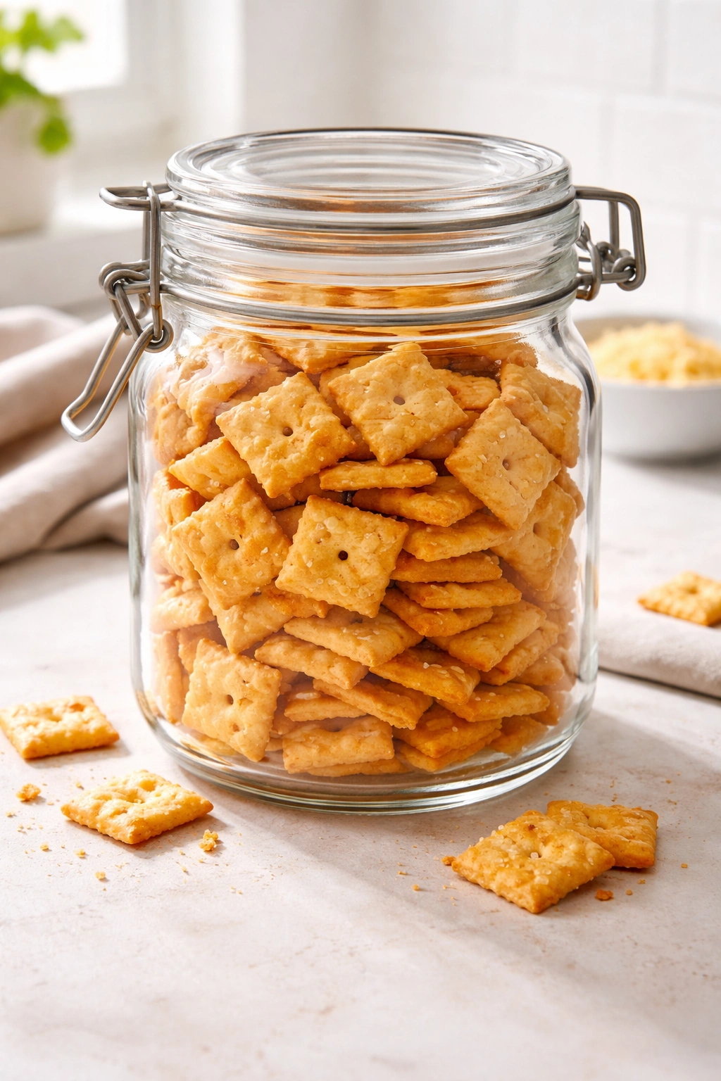 Airtight jar filled with crispy crackers for storage.