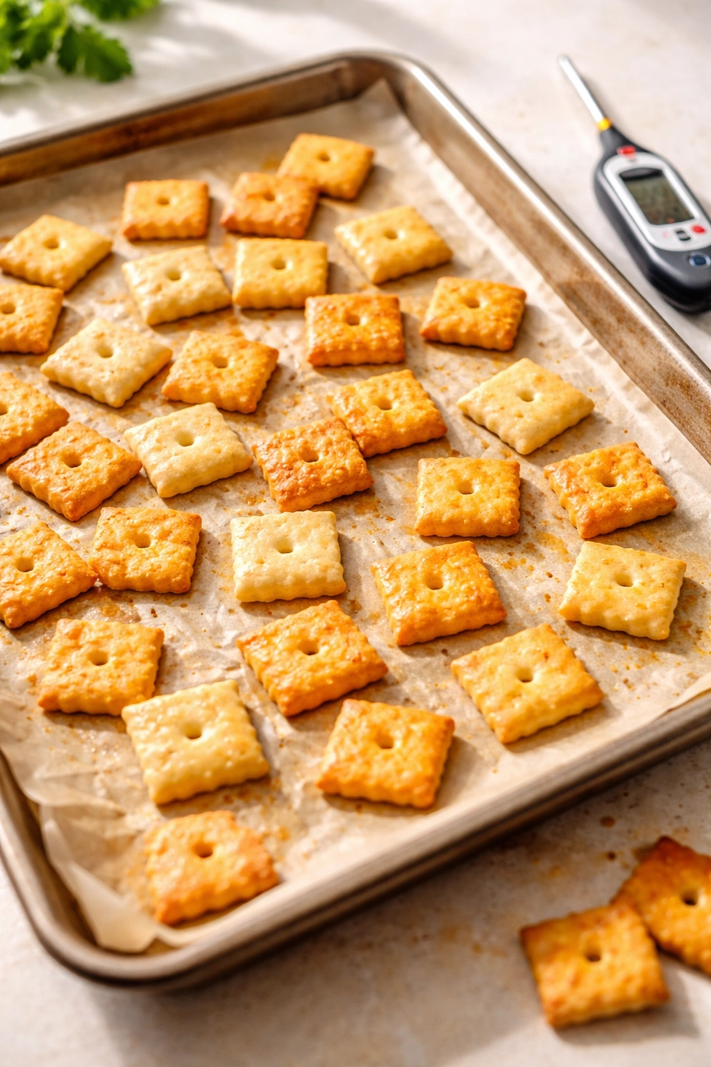 Crackers on parchment with thermometer hinting at troubleshooting crispness