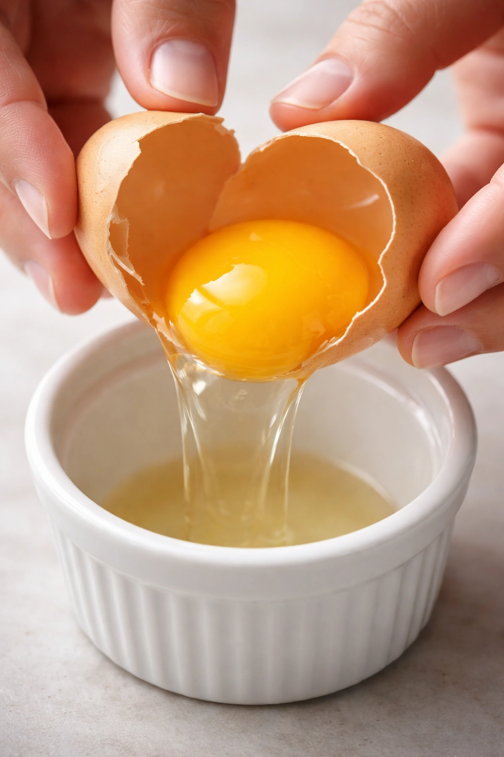Yolk intact in a ramekin after careful cracking