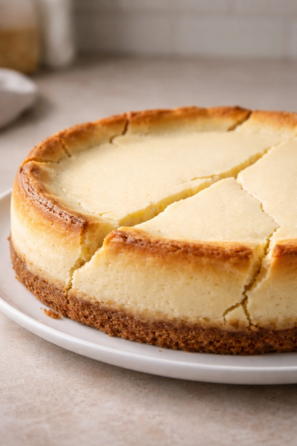 Close-up of a cheesecake with cracks on surface