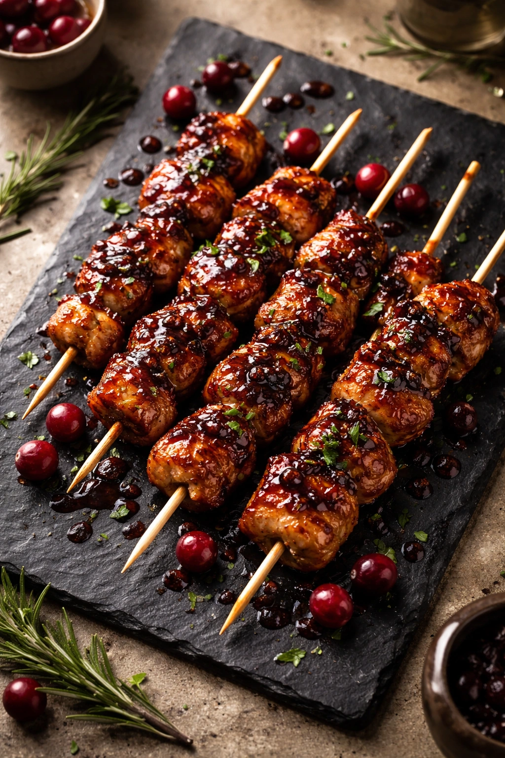 Chicken skewers with glossy cranberry-balsamic glaze