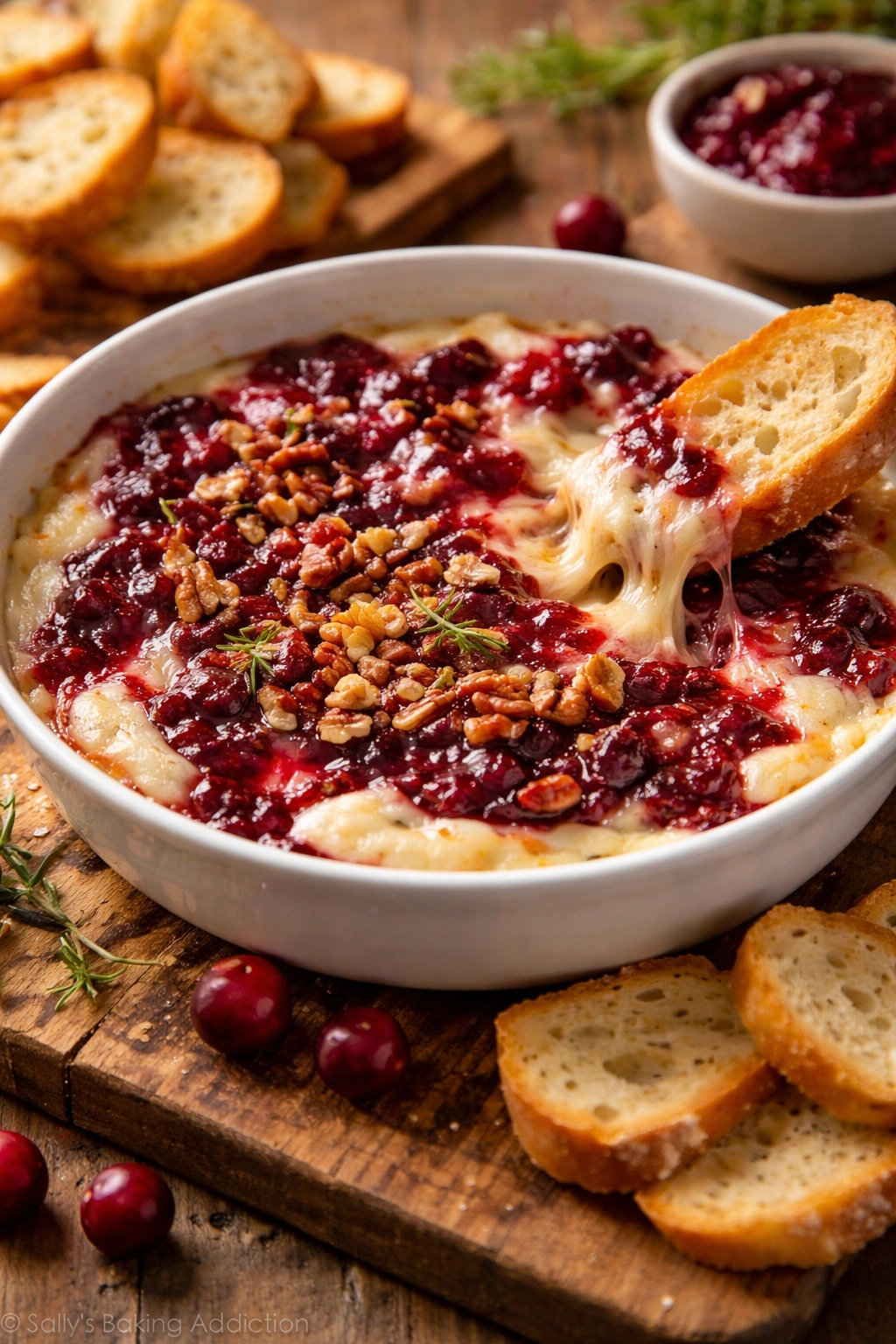 Warm Cranberry Brie Dip in a small baking dish with cranberry sauce visible