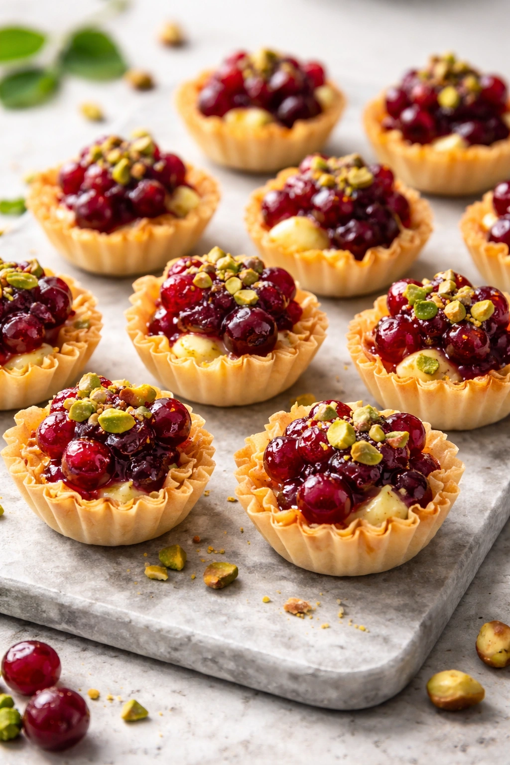 Mini tartlets with brie and cranberry pistachio topping