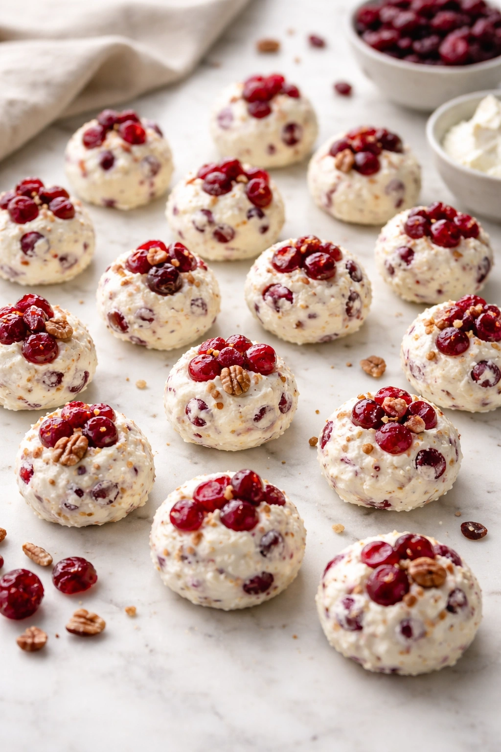 Evenly spaced cranberry cheese bites on neutral surface