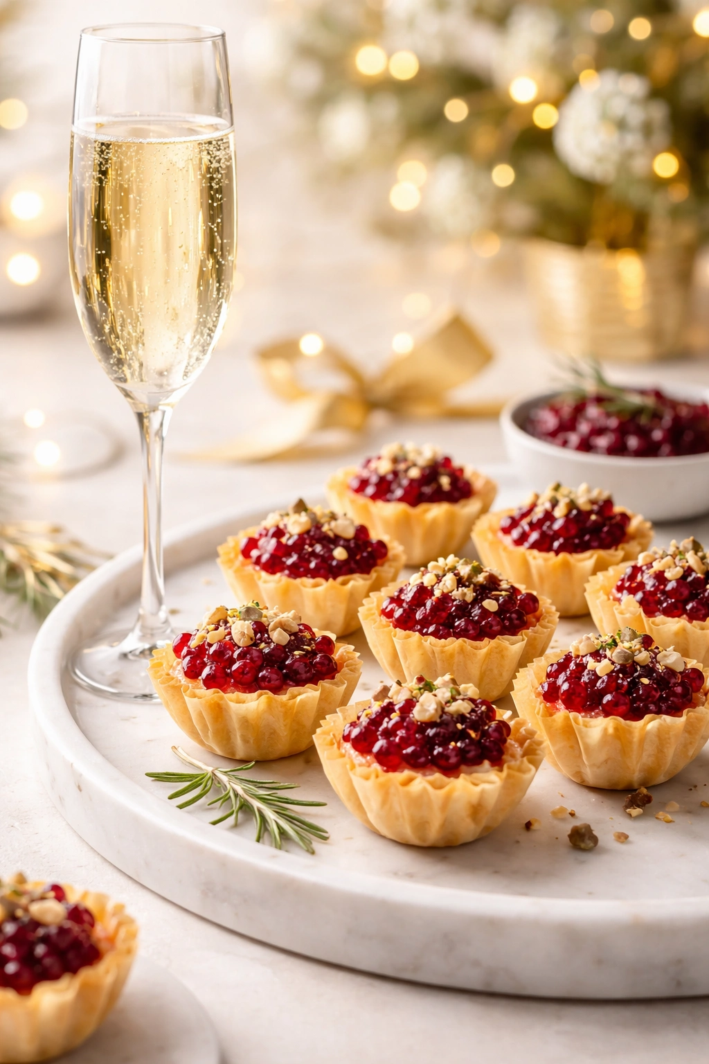 Cranberry cheese bites with champagne glass on a clean surface