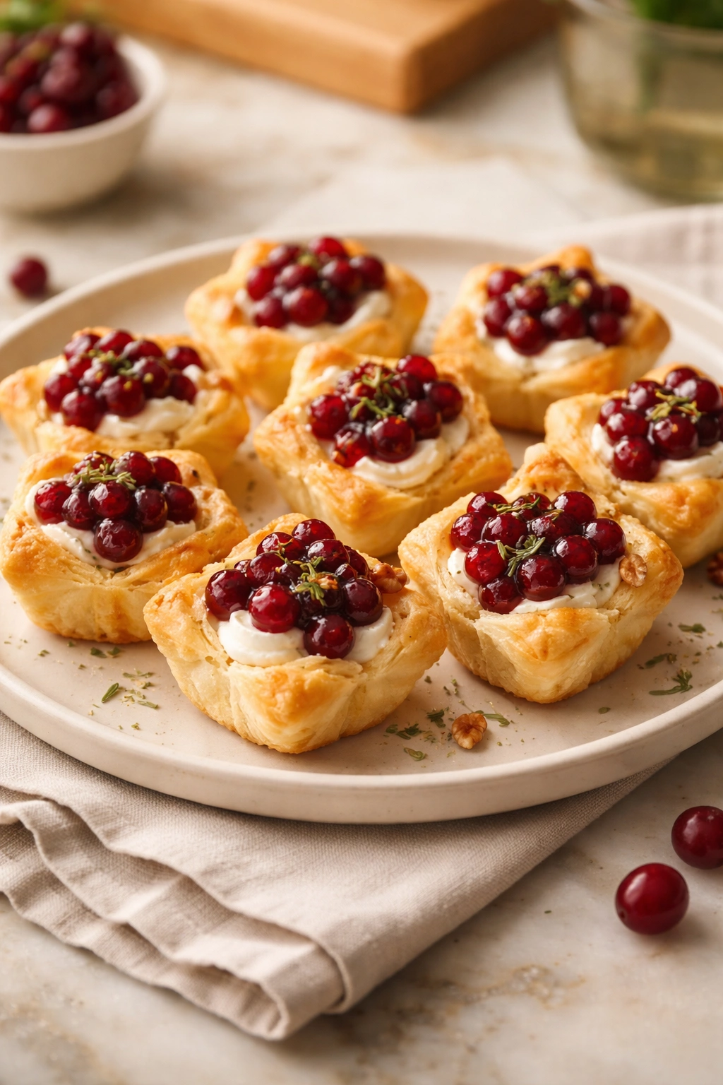Cranberry cheese bites plated simply in soft lighting