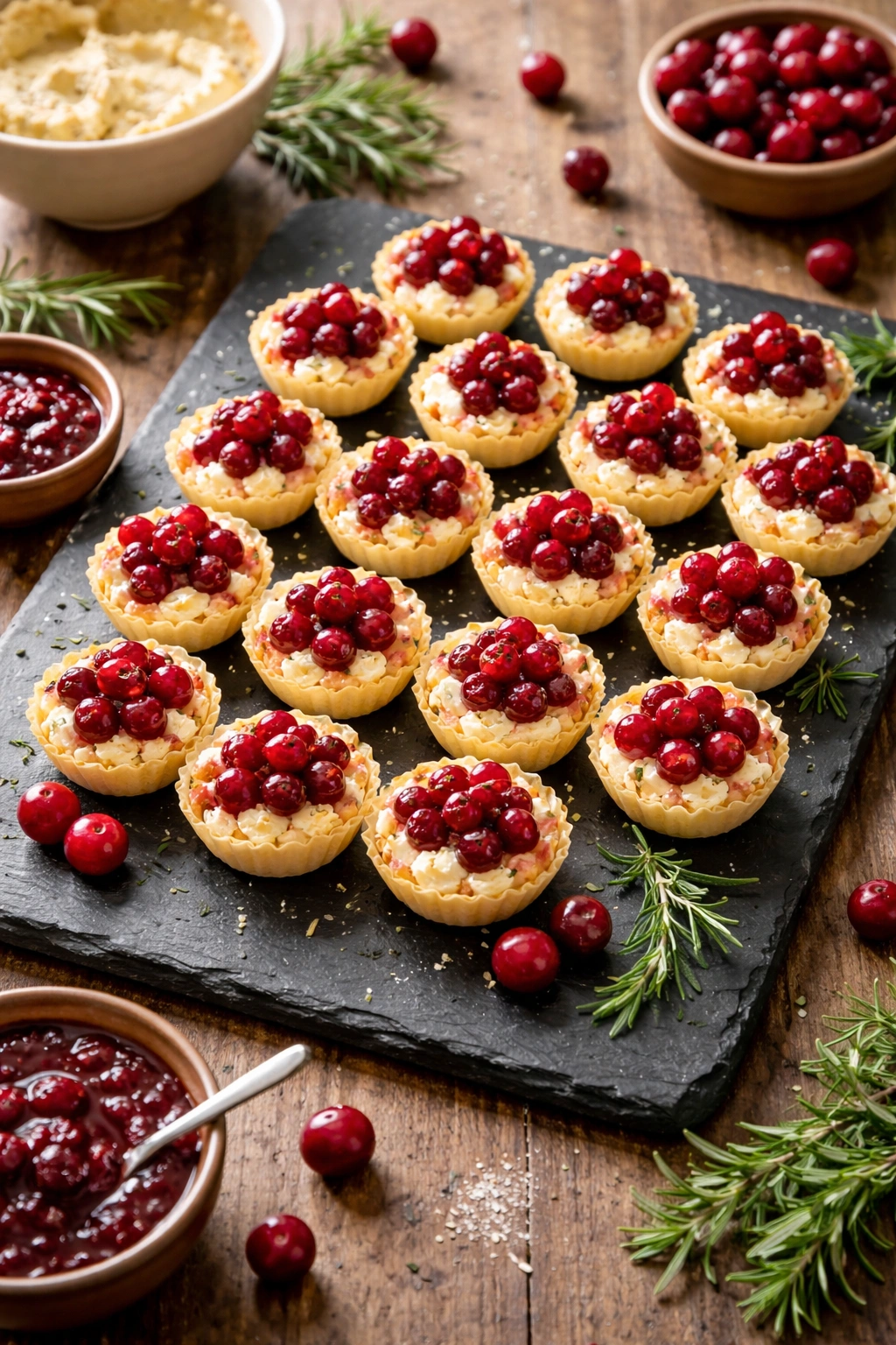 Close-up of cranberry cheese bites on slate board with cranberry tops