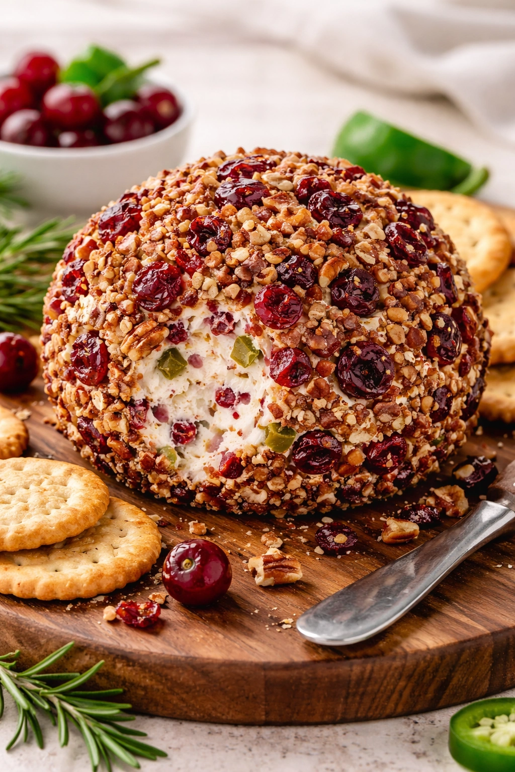 Close-up of cranberry-jalapeño cheese ball with pecan crust