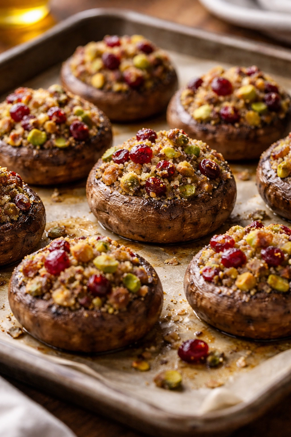 Close-up of cranberry-pistachio stuffed mushroom caps on parchment