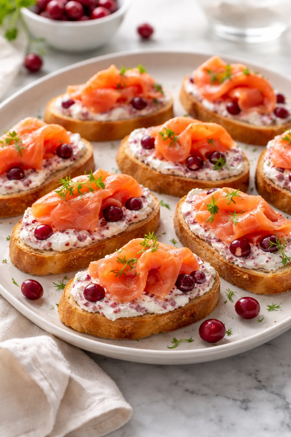 Crostini with cranberry cream cheese and smoked salmon