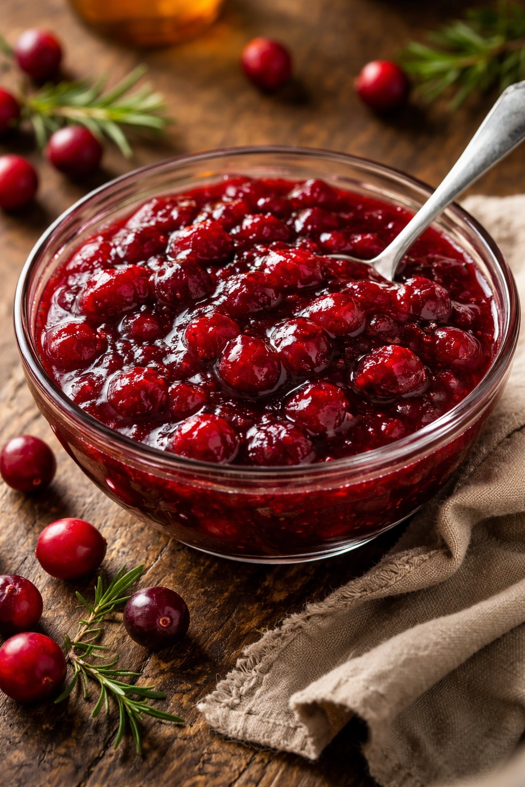 Whole-berry cranberry sauce in glass bowl on wooden surface