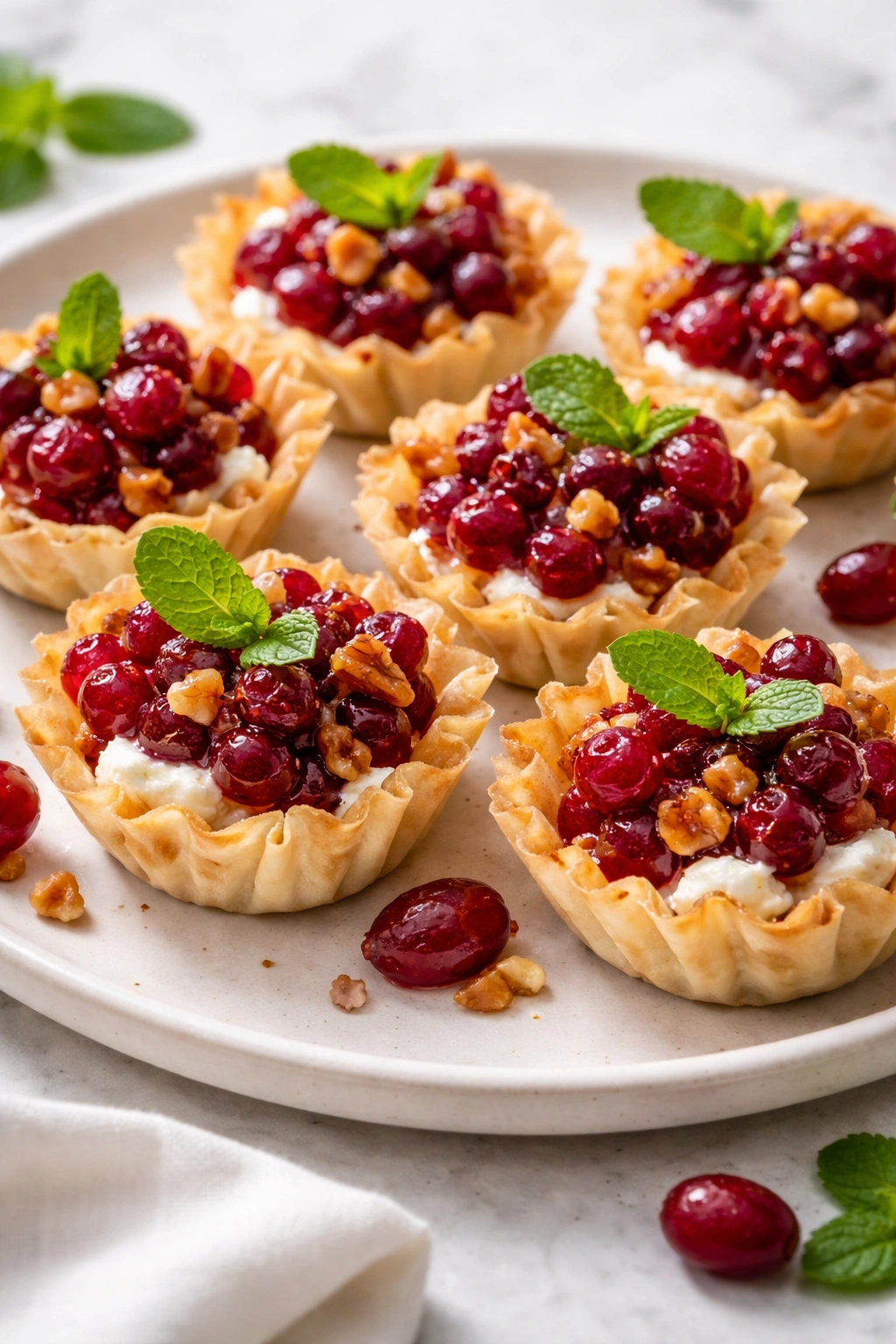 Phyllo cups with cranberry-walnut goat cheese filling