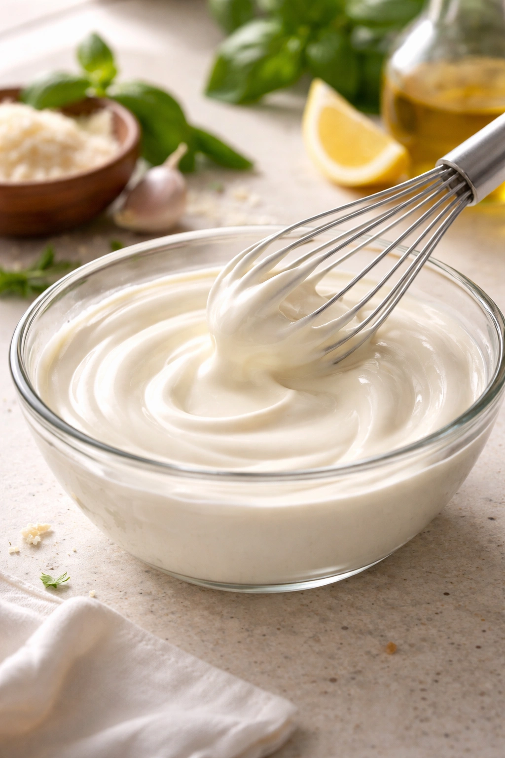 Heavy cream in a bowl ready for Tuscan pasta sauce